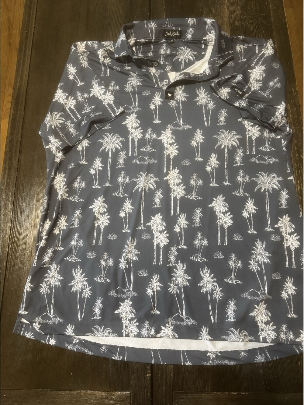 Bad Birdie Golf Polo Shirt Mens 2XL Blue White Palm Tree Tropical Print